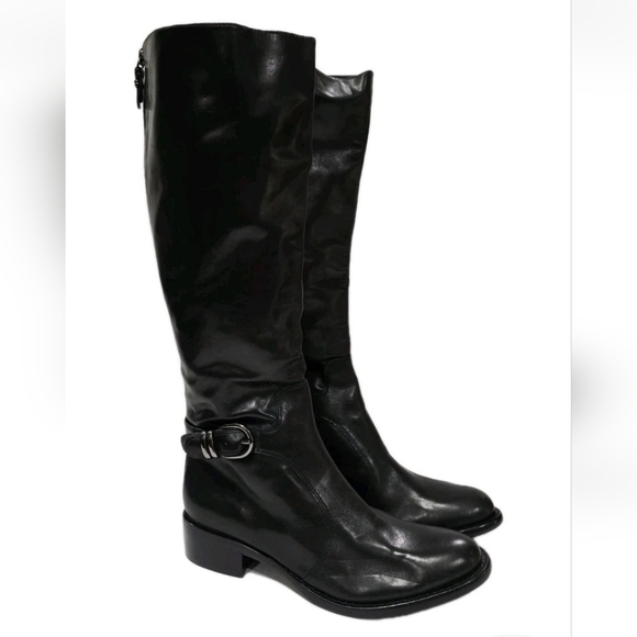 Via Spiga Shoes - Via Spiga BLACK LEATHER Boot Charcoal Harness Knee High Zipper Riding 7 M New